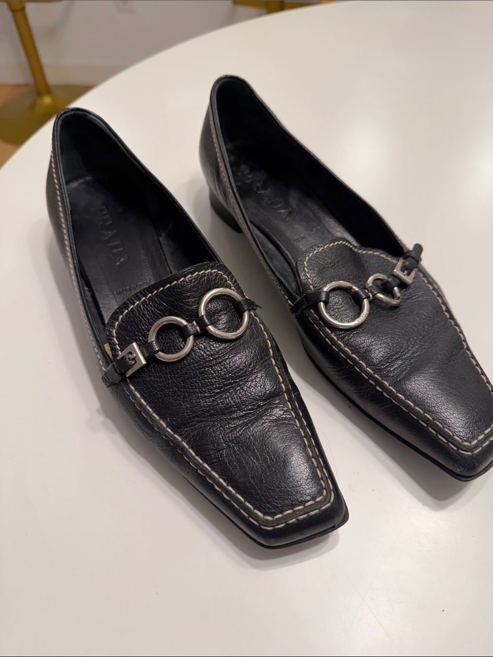 Vintage Prada Black Leather Square-Toe Loafers with Silver Rings